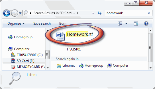 The homework.rtf  file name is displayed